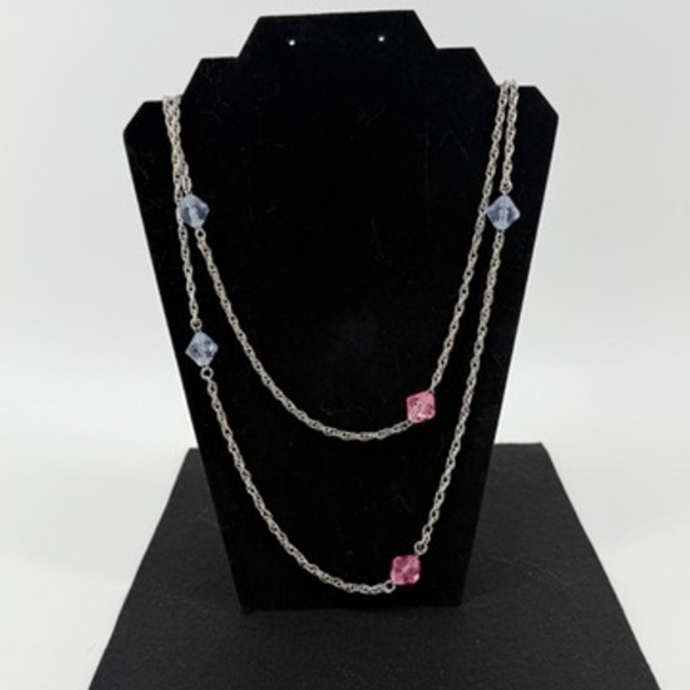 Sarah Coventry‎ Vintage Long Necklace Silver Tone Chain Pink Blue Faceted Beads